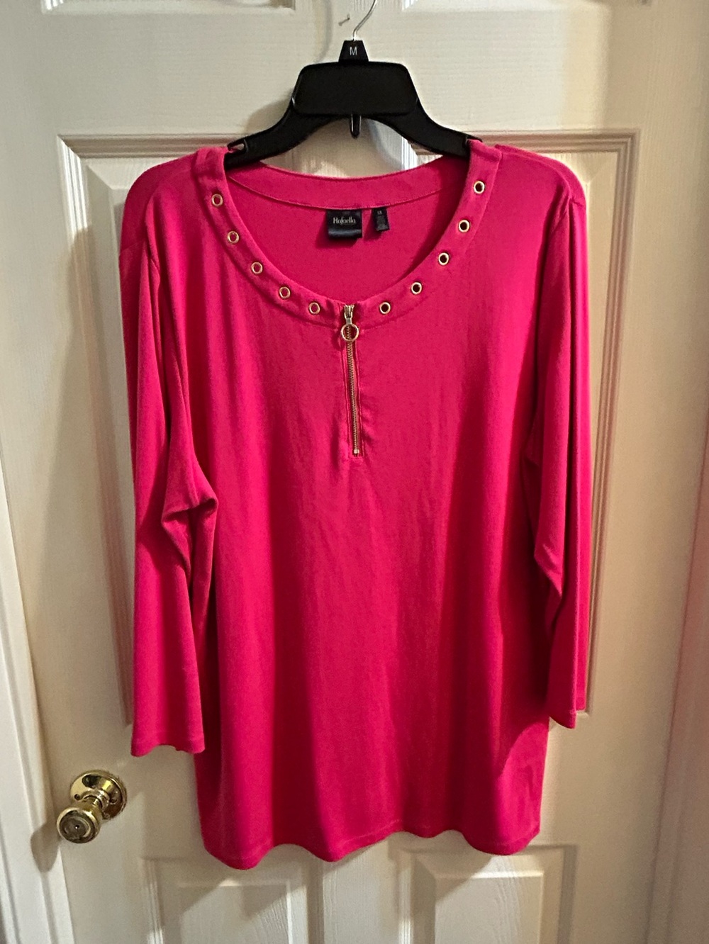 Rafaella Hot Pink Grommet-Trim Zip Front Long Sleeve Tee